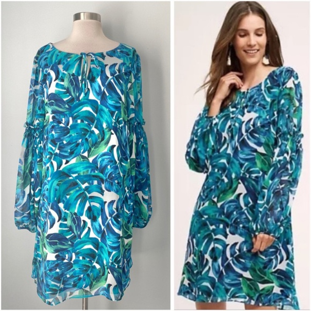 NWT ANTHROPOLOGIE Chloe Oliver Turquoise Tropical Palm Swing Dress size Medium